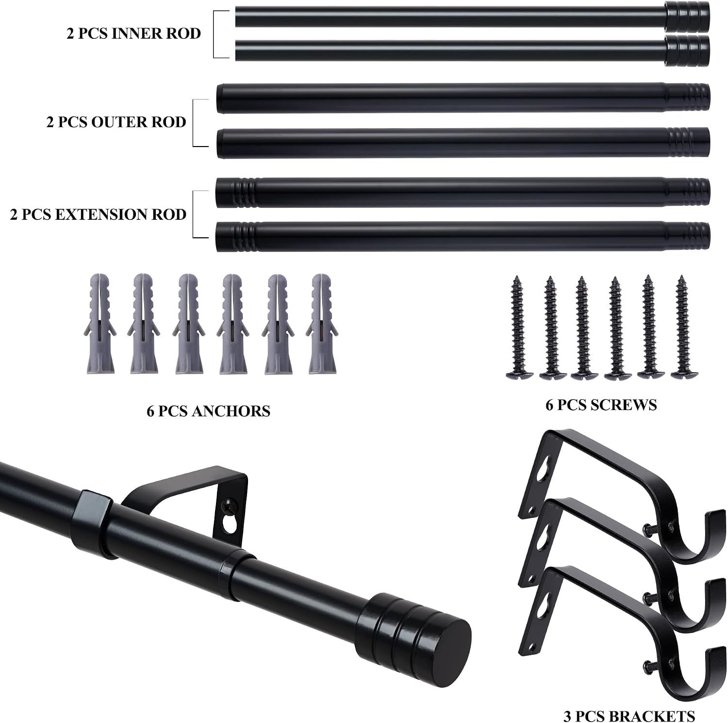 Black Curtain Rods for Windows 30 to 80 Inch,3/4 Inch Curtain Rod Set For Indoor and Outdoor,Easy to Install